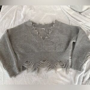 Fashion Nova Oversized Grey Distressed Frayed B-neck Cropped Sweater S